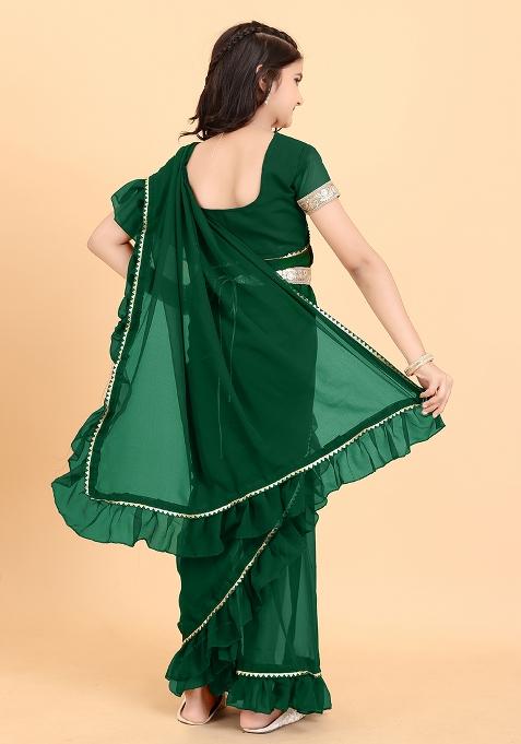 Green Embellished And Sequined Poly Blend Saree Set For Girls