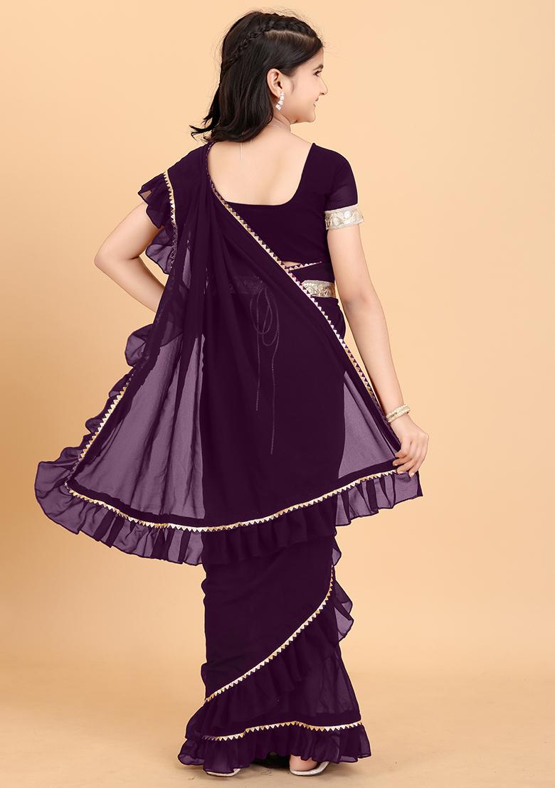 Purple Embellished And Sequined Poly Blend Saree Set For Girls