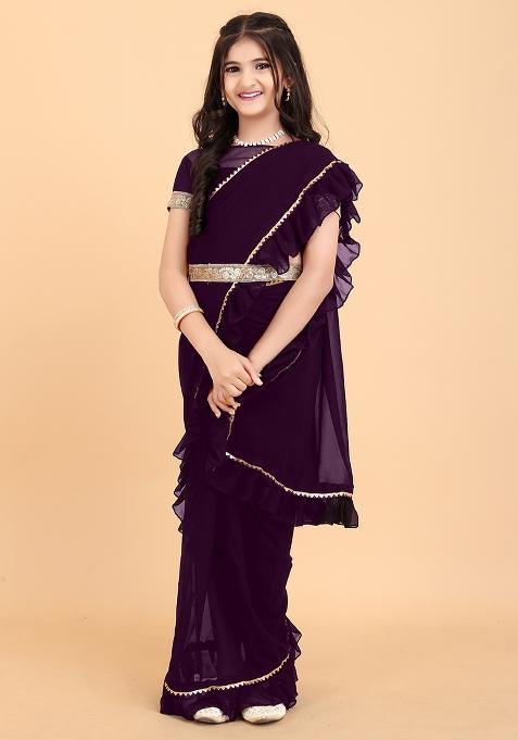 Purple Embellished And Sequined Poly Blend Saree Set For Girls
