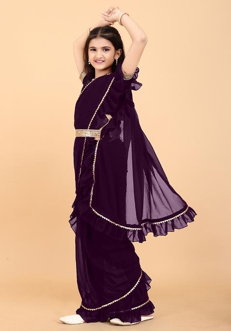 Purple Embellished And Sequined Poly Blend Saree Set For Girls