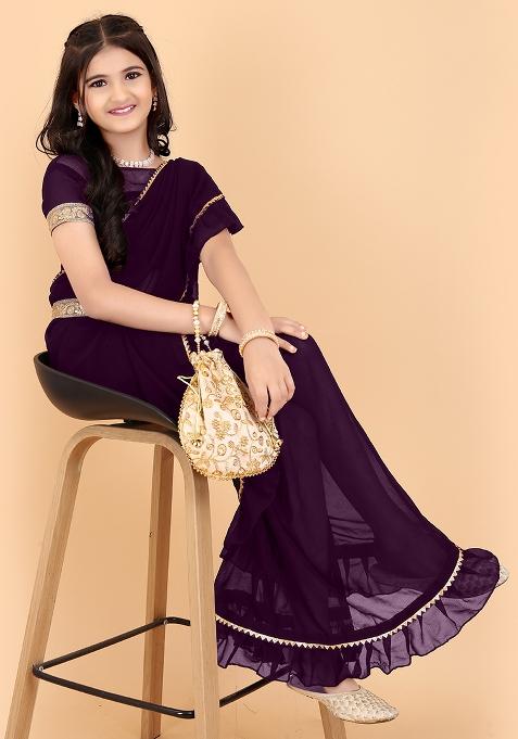 Purple Embellished And Sequined Poly Blend Saree Set For Girls