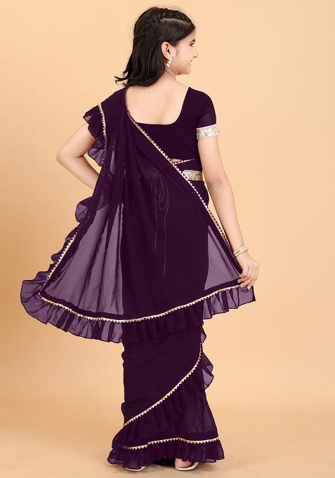 Purple Embellished And Sequined Poly Blend Saree Set For Girls