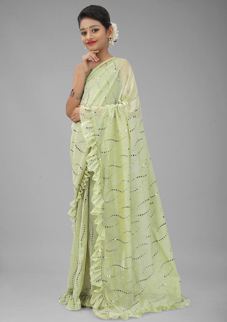 Pista Green Embellished And Sequined Poly Blend Saree Set For Girls