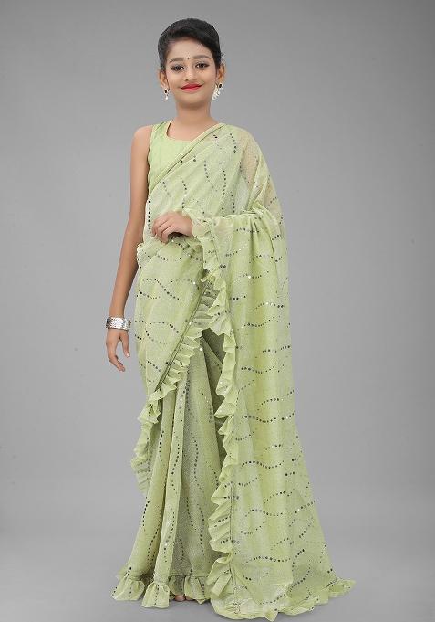 Pista Green Embellished And Sequined Poly Blend Saree Set For Girls