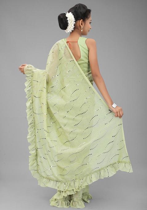 Pista Green Embellished And Sequined Poly Blend Saree Set For Girls