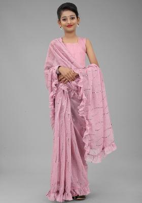 Pink Embellished And Sequined Poly Blend Saree Set For Girls