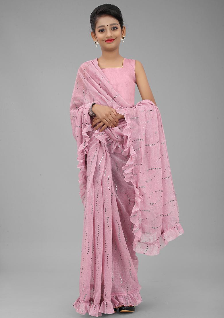 Pink Embellished And Sequined Poly Blend Saree Set For Girls