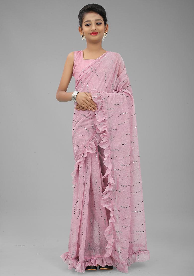 Pink Embellished And Sequined Poly Blend Saree Set For Girls