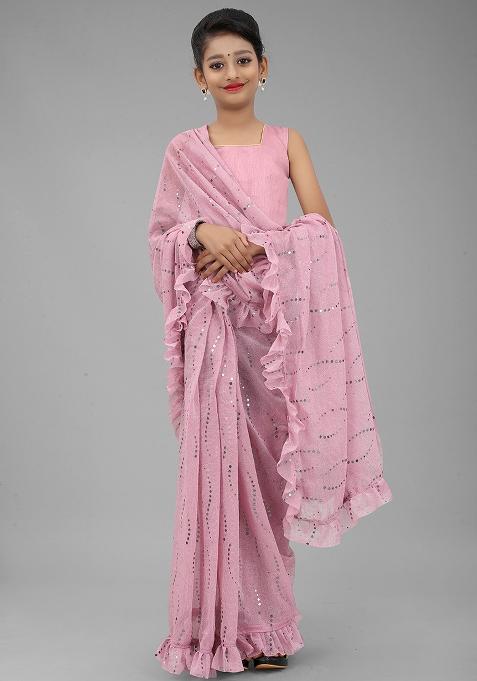 Pink Embellished And Sequined Poly Blend Saree Set For Girls
