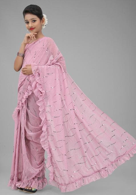 Pink Embellished And Sequined Poly Blend Saree Set For Girls