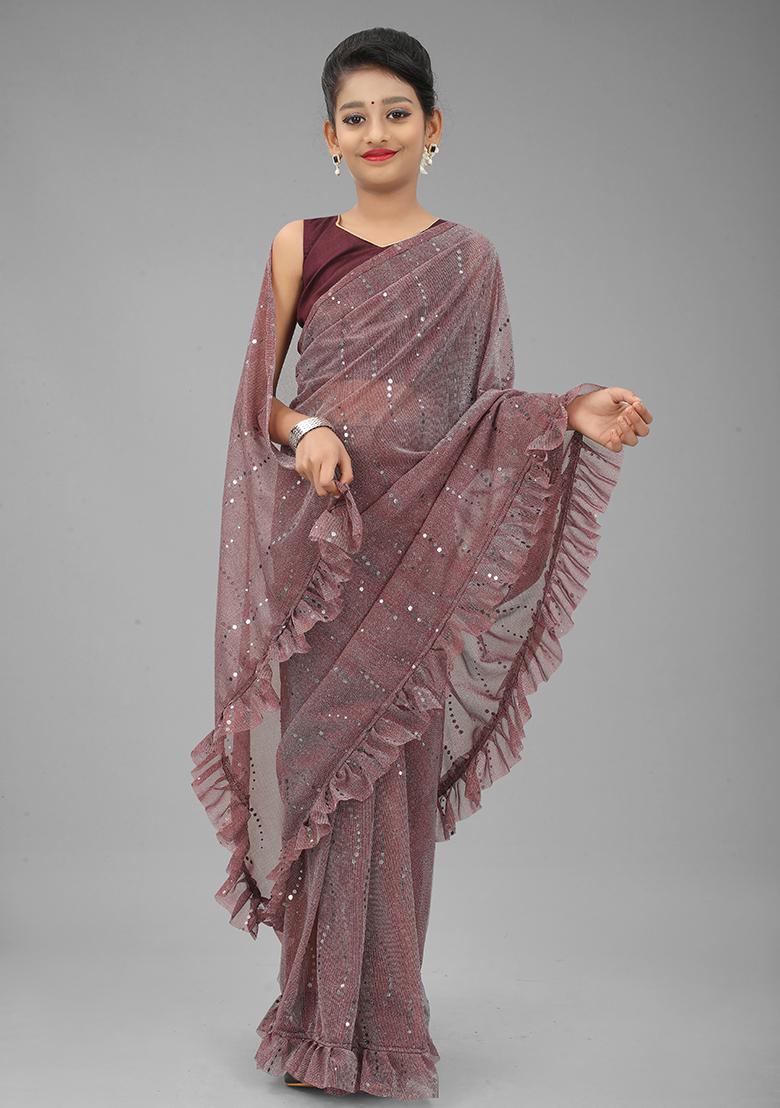 Wine Embellished And Sequined Poly Blend Saree Set For Girls
