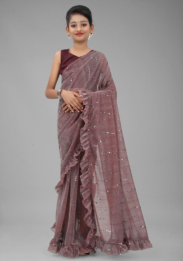 Wine Embellished And Sequined Poly Blend Saree Set For Girls