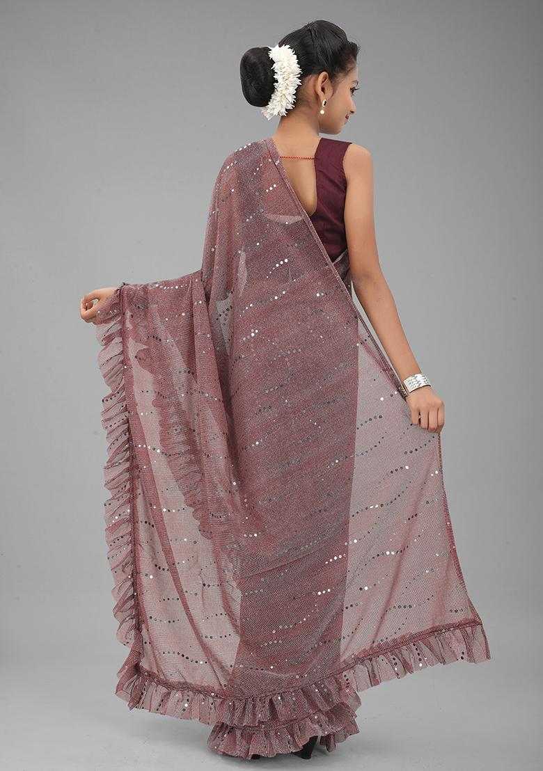 Wine Embellished And Sequined Poly Blend Saree Set For Girls