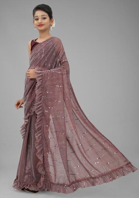 Wine Embellished And Sequined Poly Blend Saree Set For Girls