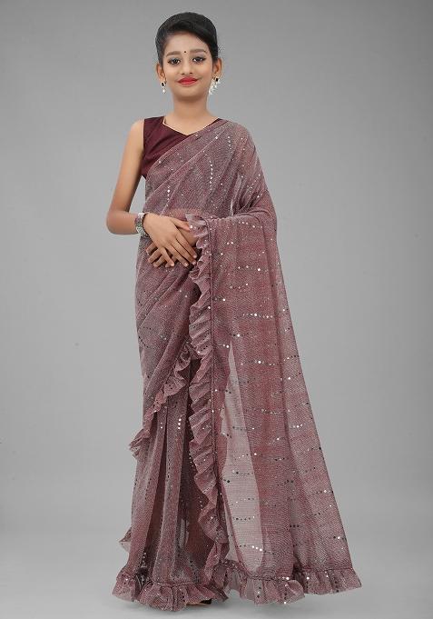 Wine Embellished And Sequined Poly Blend Saree Set For Girls