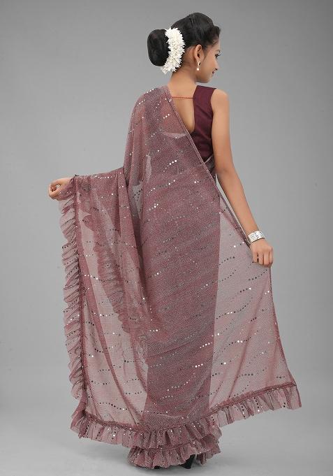 Wine Embellished And Sequined Poly Blend Saree Set For Girls