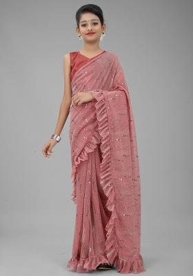 Maroon Embellished And Sequined Poly Blend Saree Set For Girls
