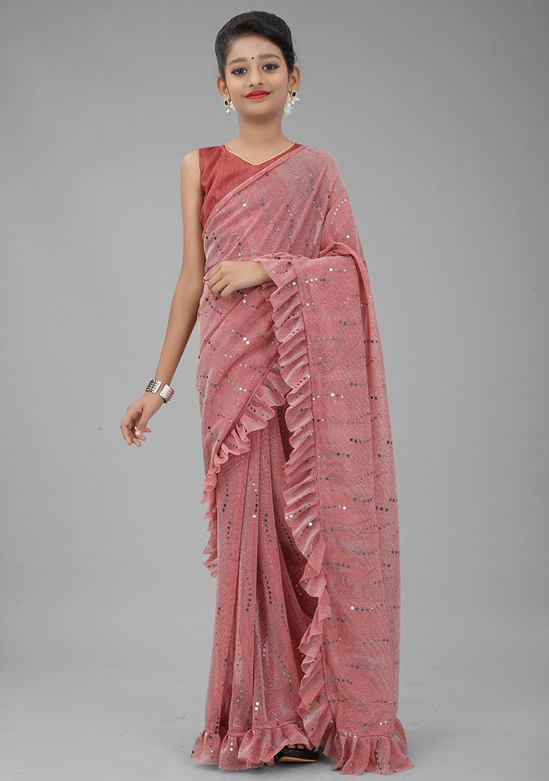 Maroon Embellished And Sequined Poly Blend Saree Set For Girls