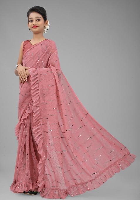 Maroon Embellished And Sequined Poly Blend Saree Set For Girls