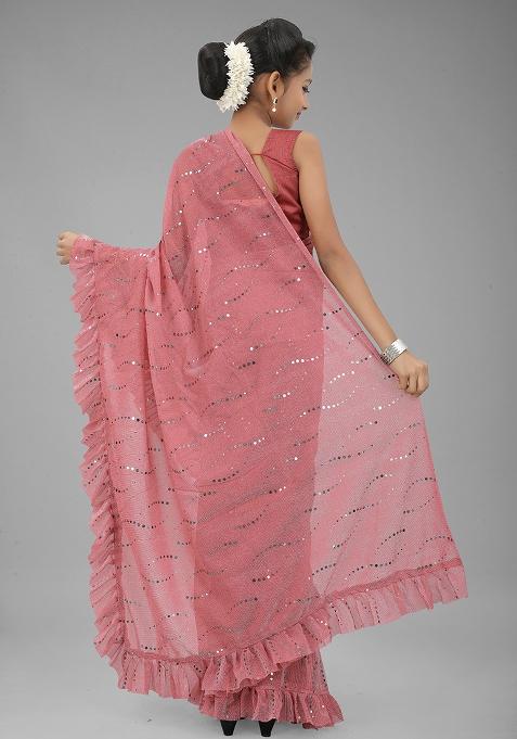 Maroon Embellished And Sequined Poly Blend Saree Set For Girls