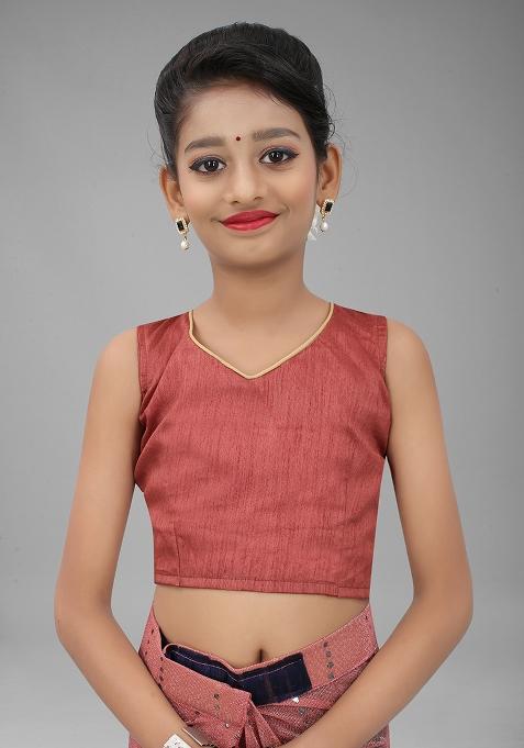 Maroon Embellished And Sequined Poly Blend Saree Set For Girls