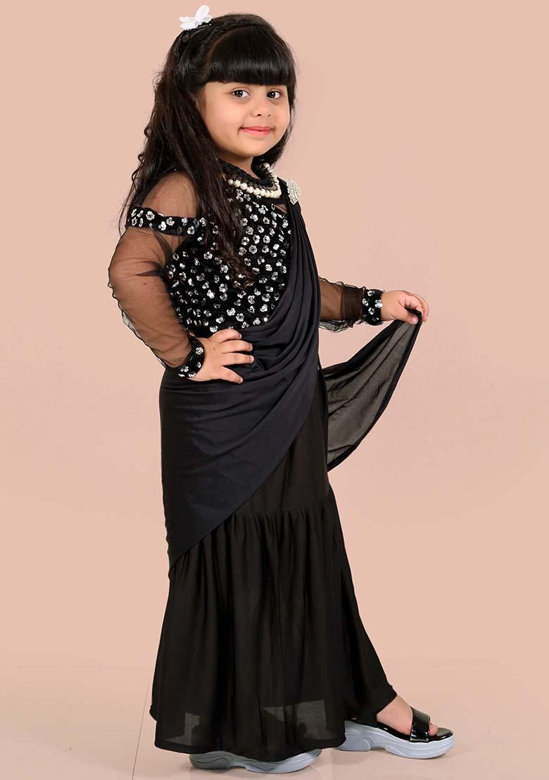 Black Embellished And Sequined Poly Blend Saree Set For Girls