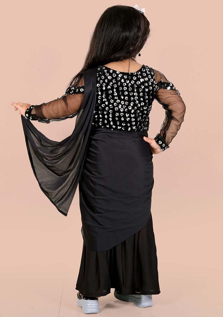 Black Embellished And Sequined Poly Blend Saree Set For Girls