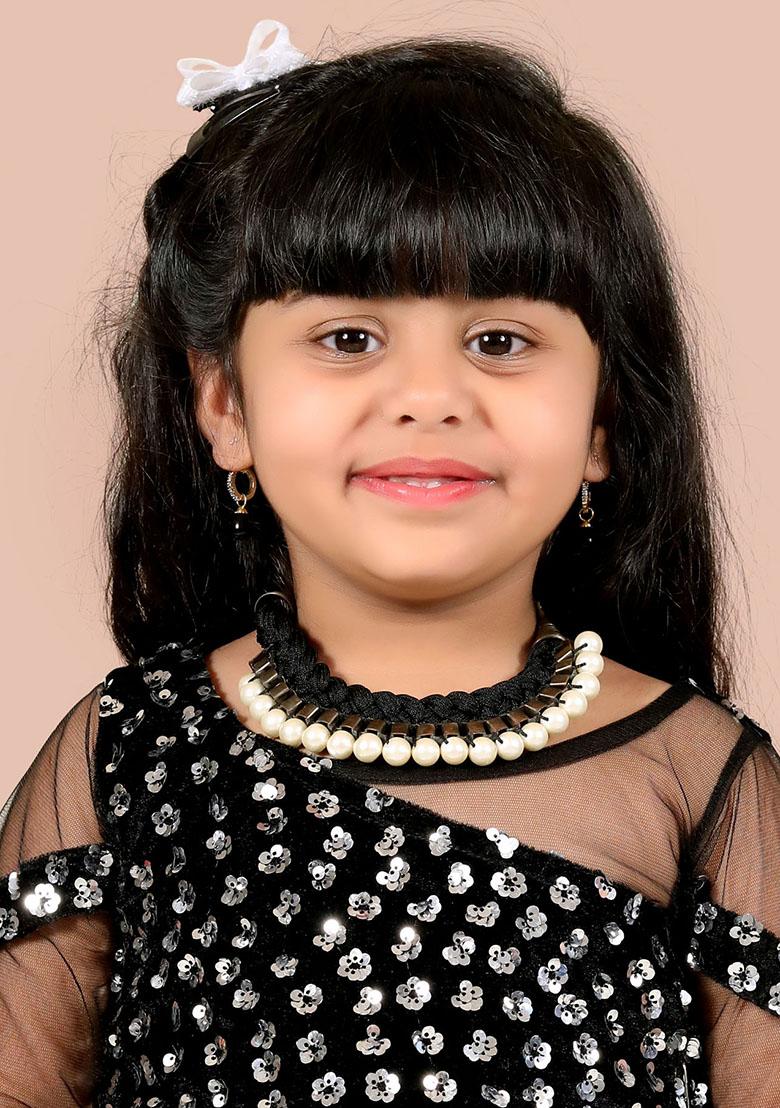 Black Embellished And Sequined Poly Blend Saree Set For Girls