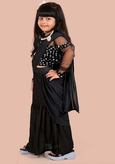 Black Embellished And Sequined Poly Blend Saree Set For Girls