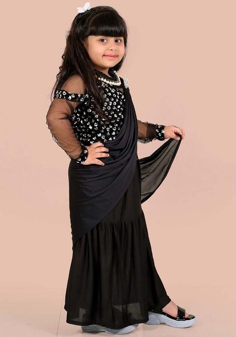 Black Embellished And Sequined Poly Blend Saree Set For Girls