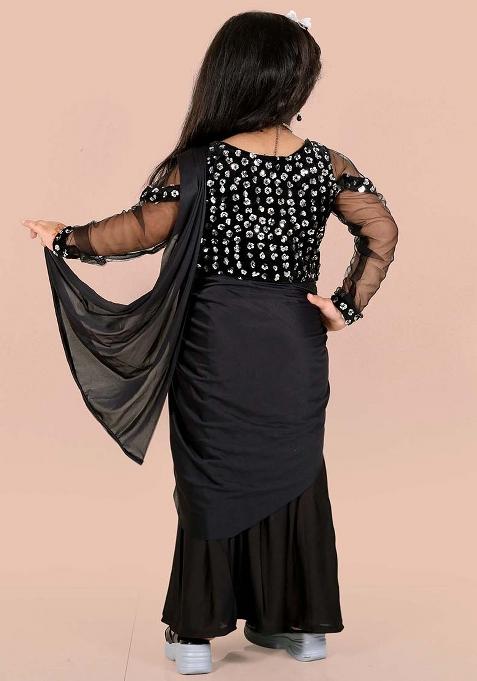 Black Embellished And Sequined Poly Blend Saree Set For Girls