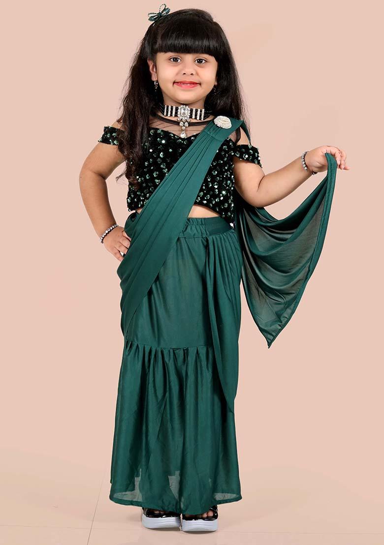 Green Embellished And Sequined Poly Blend Saree Set For Girls