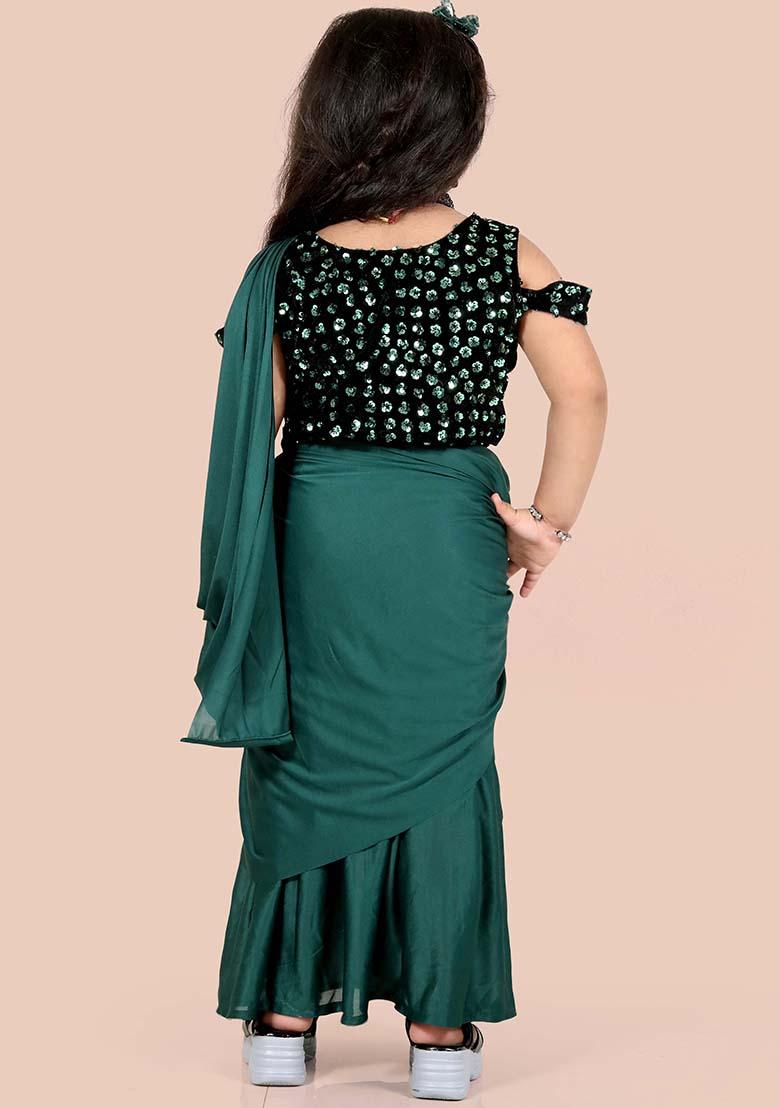 Green Embellished And Sequined Poly Blend Saree Set For Girls