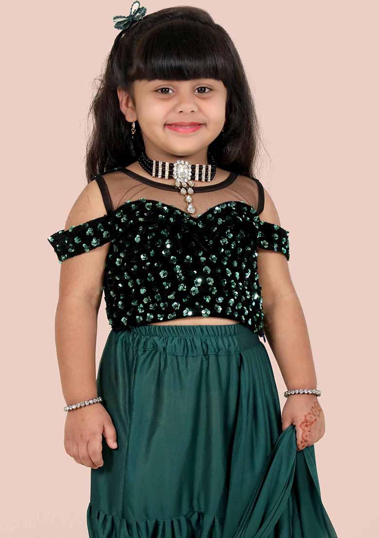 Green Embellished And Sequined Poly Blend Saree Set For Girls