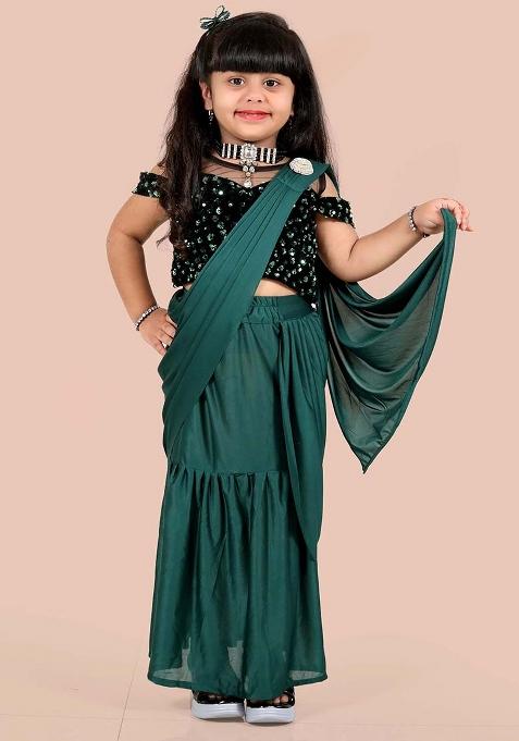 Green Embellished And Sequined Poly Blend Saree Set For Girls