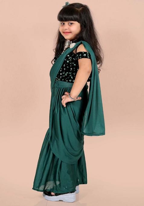 Green Embellished And Sequined Poly Blend Saree Set For Girls