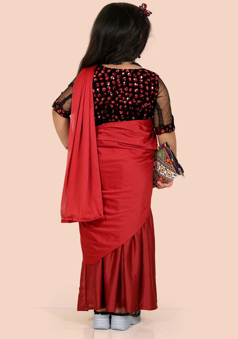 Maroon Embellished And Sequined Poly Blend Saree Set For Girls