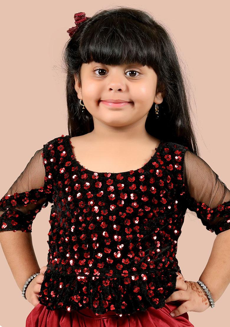 Maroon Embellished And Sequined Poly Blend Saree Set For Girls