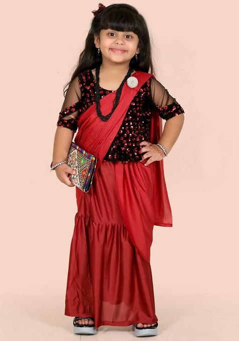 Maroon Embellished And Sequined Poly Blend Saree Set For Girls