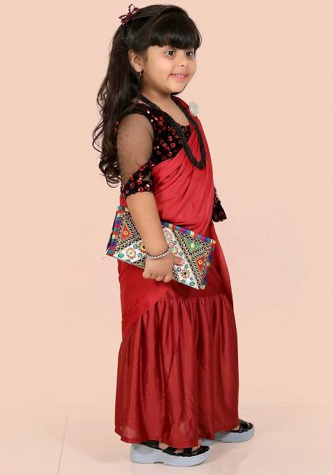 Maroon Embellished And Sequined Poly Blend Saree Set For Girls