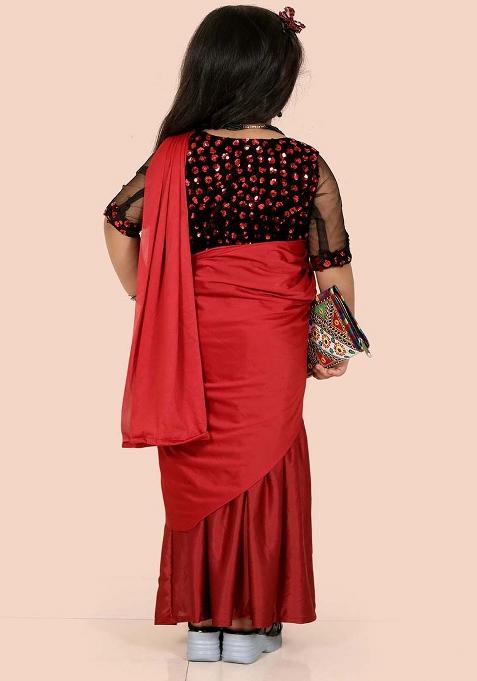 Maroon Embellished And Sequined Poly Blend Saree Set For Girls