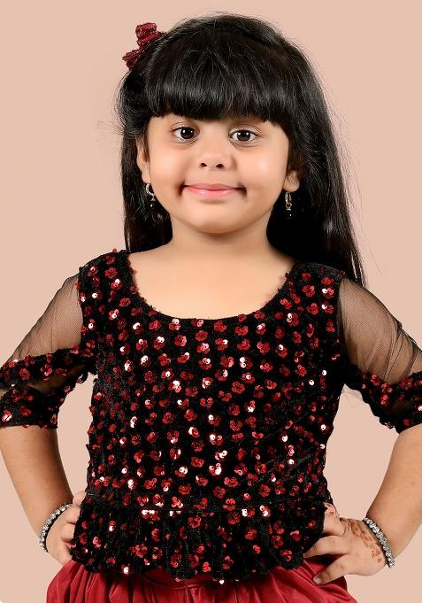 Maroon Embellished And Sequined Poly Blend Saree Set For Girls