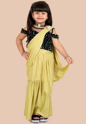Mustard Yellow Embellished And Sequined Poly Blend Saree Set For Girls
