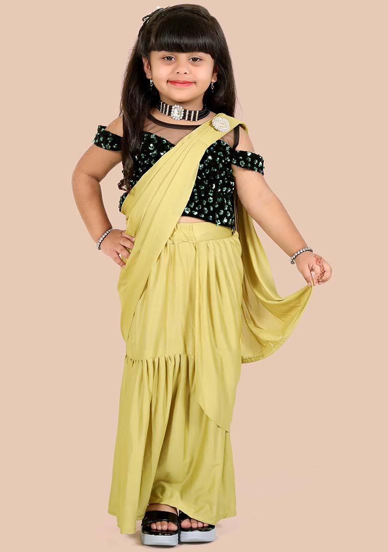 Mustard Yellow Embellished And Sequined Poly Blend Saree Set For Girls