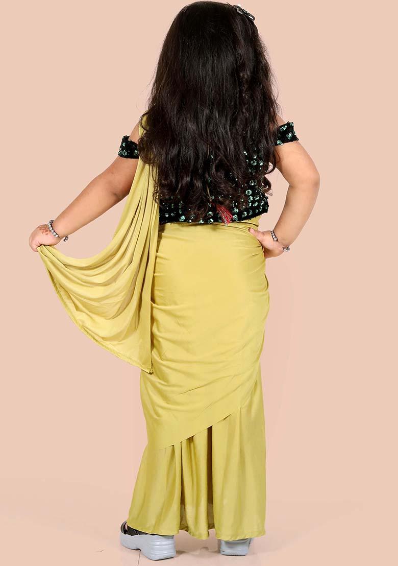 Mustard Yellow Embellished And Sequined Poly Blend Saree Set For Girls