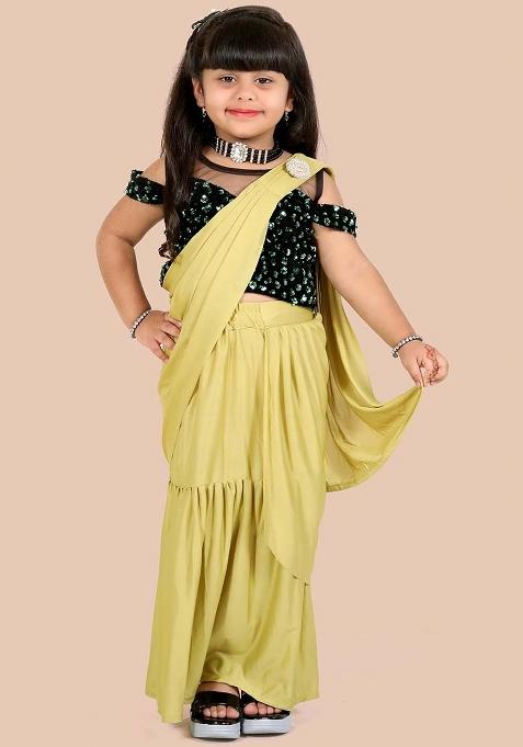 Mustard Yellow Embellished And Sequined Poly Blend Saree Set For Girls