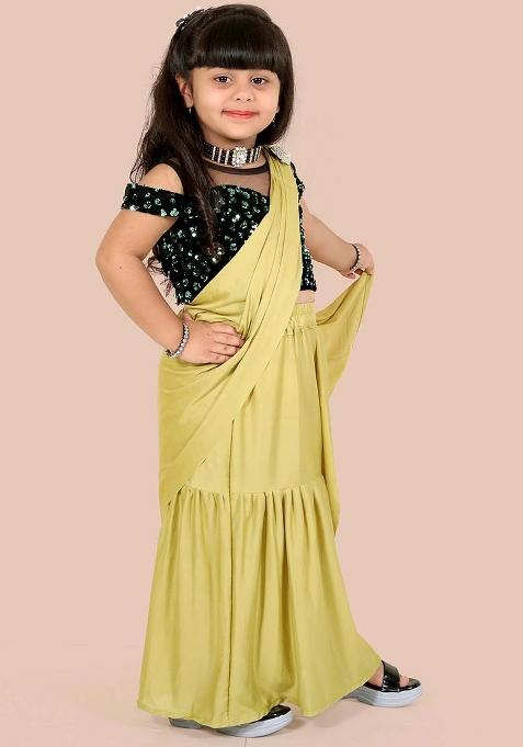 Mustard Yellow Embellished And Sequined Poly Blend Saree Set For Girls