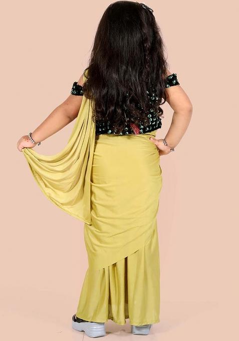 Mustard Yellow Embellished And Sequined Poly Blend Saree Set For Girls
