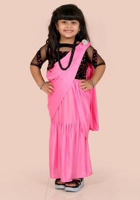 Pink Embellished And Sequined Poly Blend Saree Set For Girls