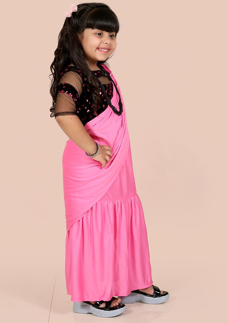 Pink Embellished And Sequined Poly Blend Saree Set For Girls